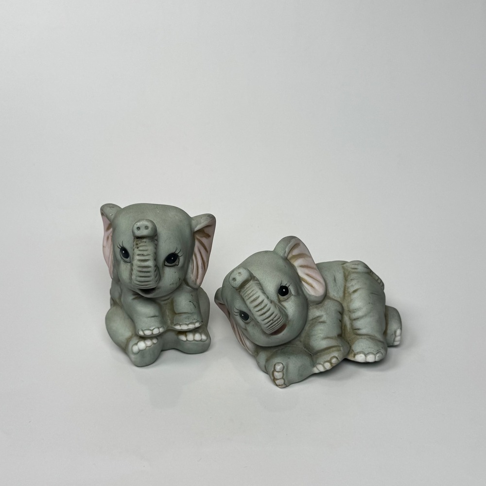 Vintage Homco‎ Porcelain Elephant Figurines Pair 1400 Grey Pink Nursery Decor